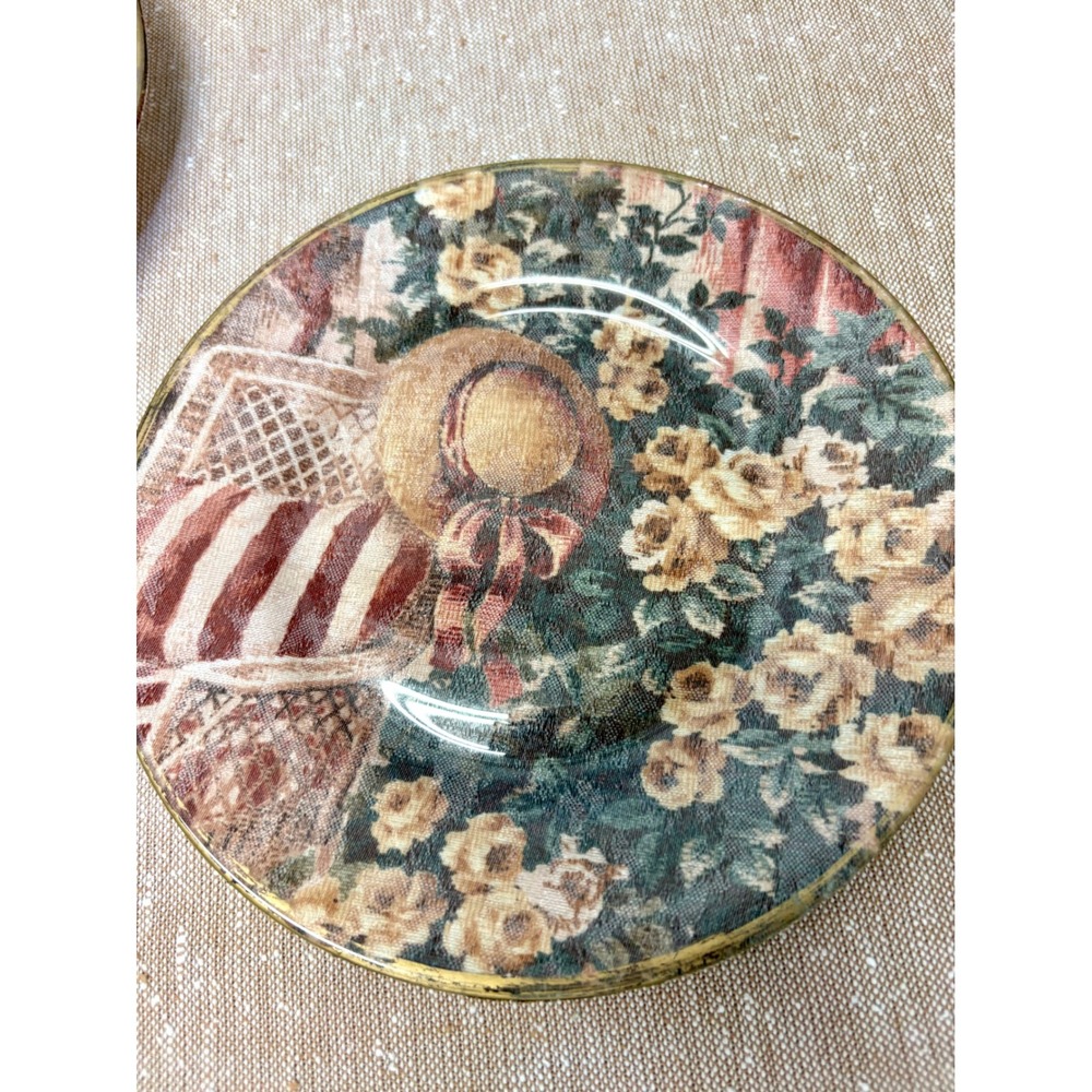 Vintage Floral Decoupage Glass Plates Set of 2, Cottagecore Victorian Plates